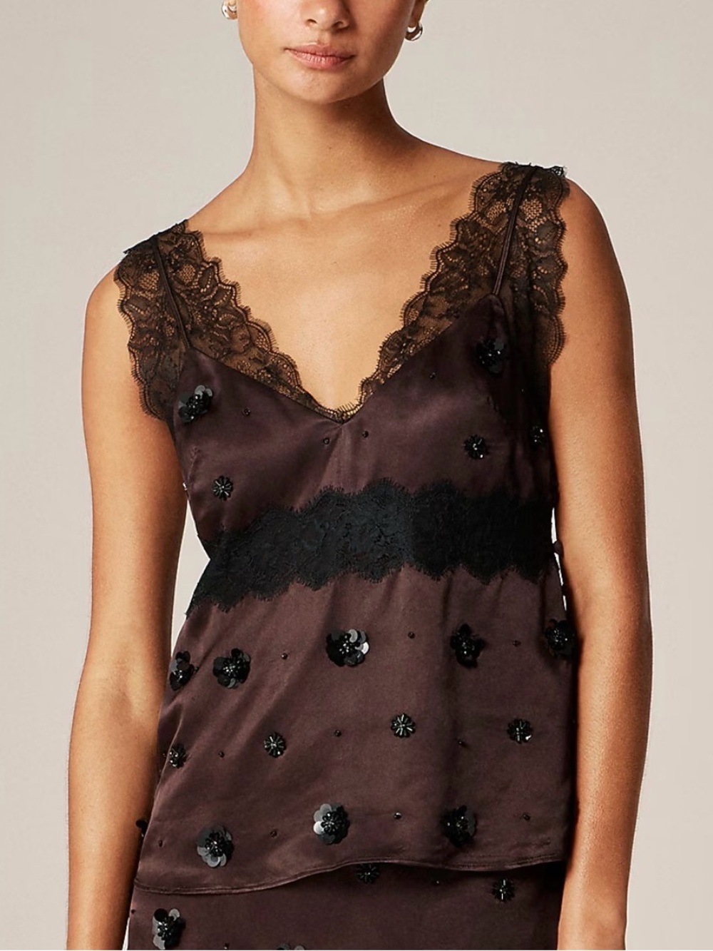 J Crew Collection Beaded Lace-Trim Tank Top NWT Cocoa Berry Luster Charmeuse 14